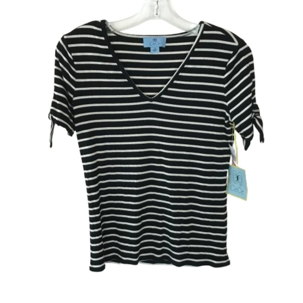 NWT Cece by Cynthia Steffe Womens Size XS Striped Tie Sleeve Jersey Tee Top NEW